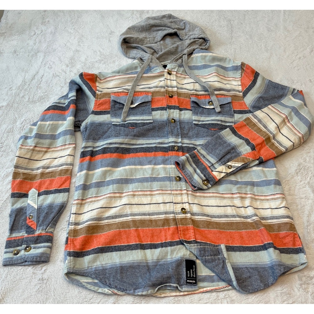 RSQ Striped Hooded Flannel Shirt Men's Small Blue Orange Brown Cotton Blend